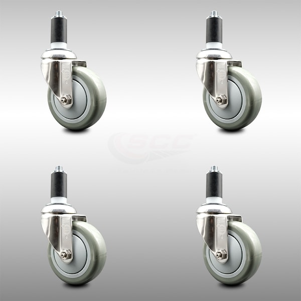 4 Inch 316SS Gray Polyurethane Swivel 1-1/4 Inch Expanding Stem Caster Set SCC